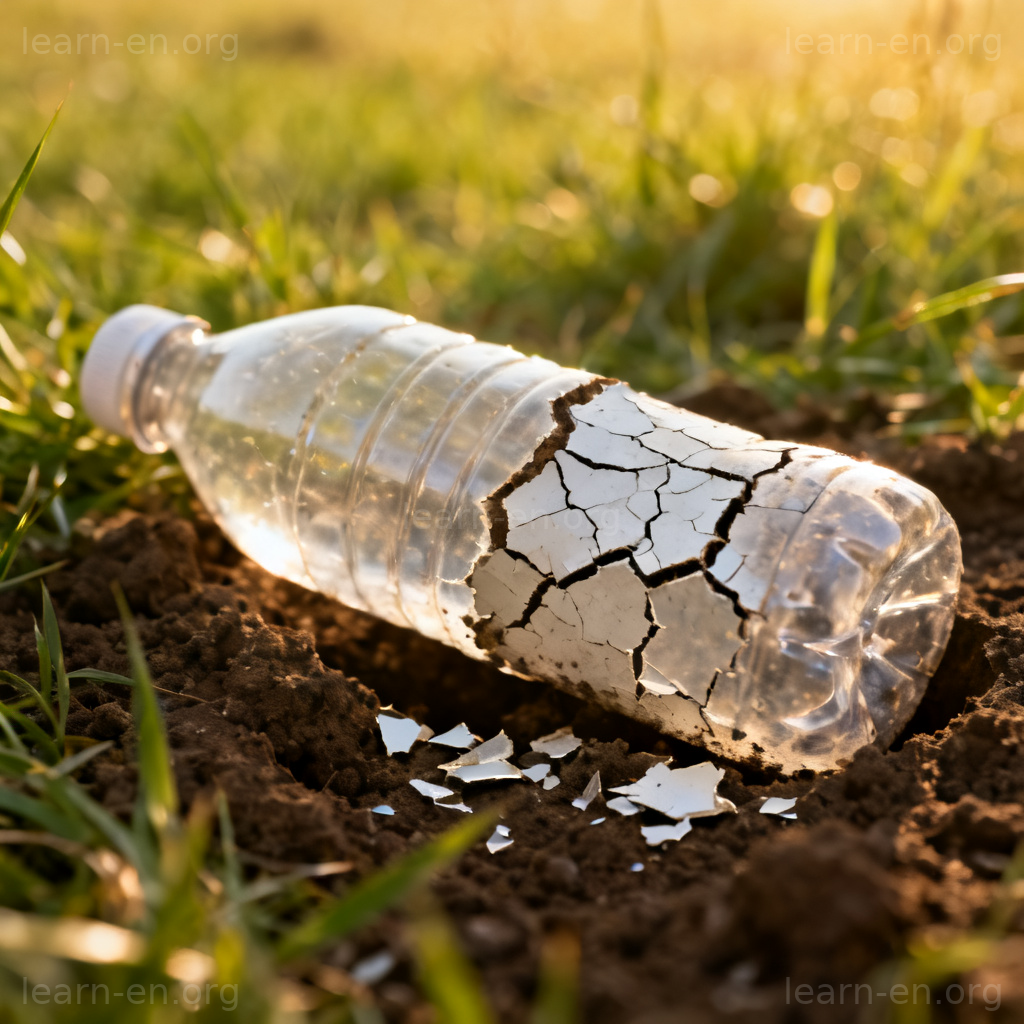 Degrade meaning break down shown by a plastic bottle decomposing in a field.