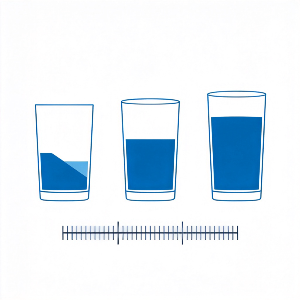 A visual representation of a scale or spectrum showing progression. On the left, a glass is one-quarter full of blue liquid labeled 'slight'. In the center, the glass is half full labeled 'moderate'. On the right, the glass is nearly full labeled 'extreme'. Below, a simple thermometer shows low, medium, and high temperature marks. Clean, infographic style on a white background. No text or numbers.