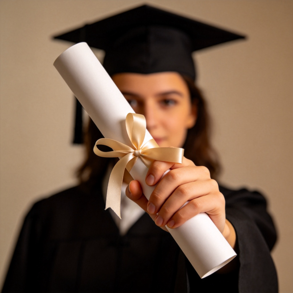 A close-up of a hand holding a rolled-up university degree certificate tied with a ribbon. The person is wearing a traditional black academic gown with a glimpse of a square academic cap (mortarboard) in the background. Soft, warm lighting to convey achievement. Plain, blurred background. No visible text on the certificate.