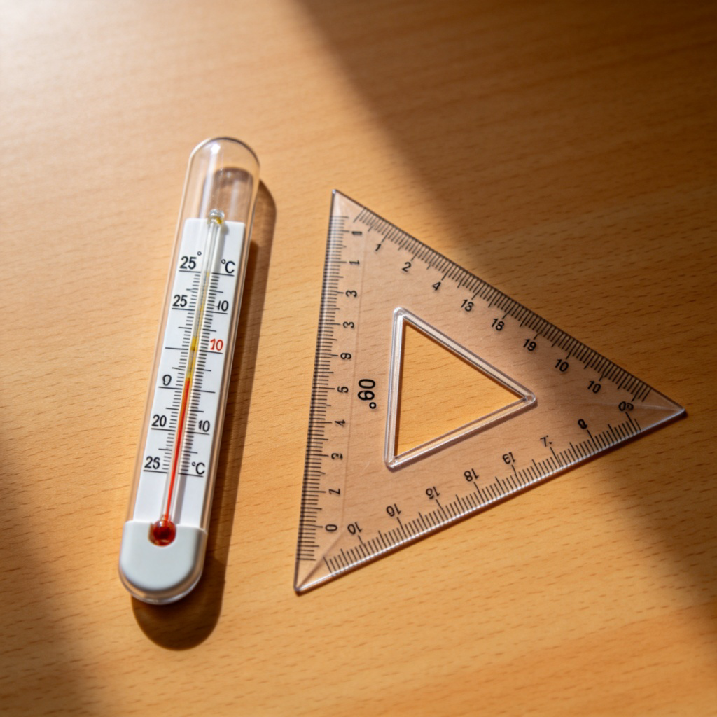 Two clear measurement tools side by side. On the left, a classic mercury thermometer showing a specific temperature, like 25°C. On the right, a clear plastic protractor laid over a right-angle triangle, highlighting the 90-degree angle. Clean, scientific look on a wooden desk. Natural light. No other distracting objects.