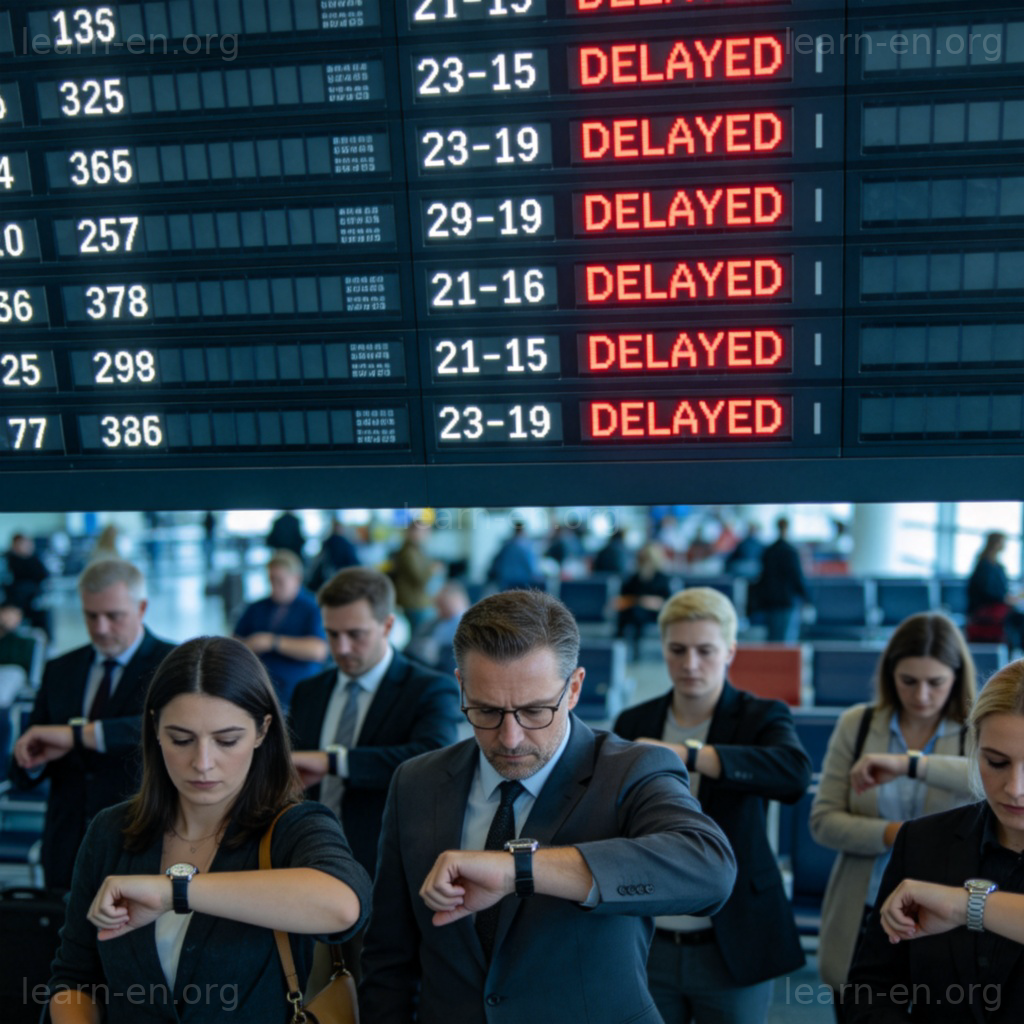 Delayed 延误场景图解：机场航班信息屏显示延误
