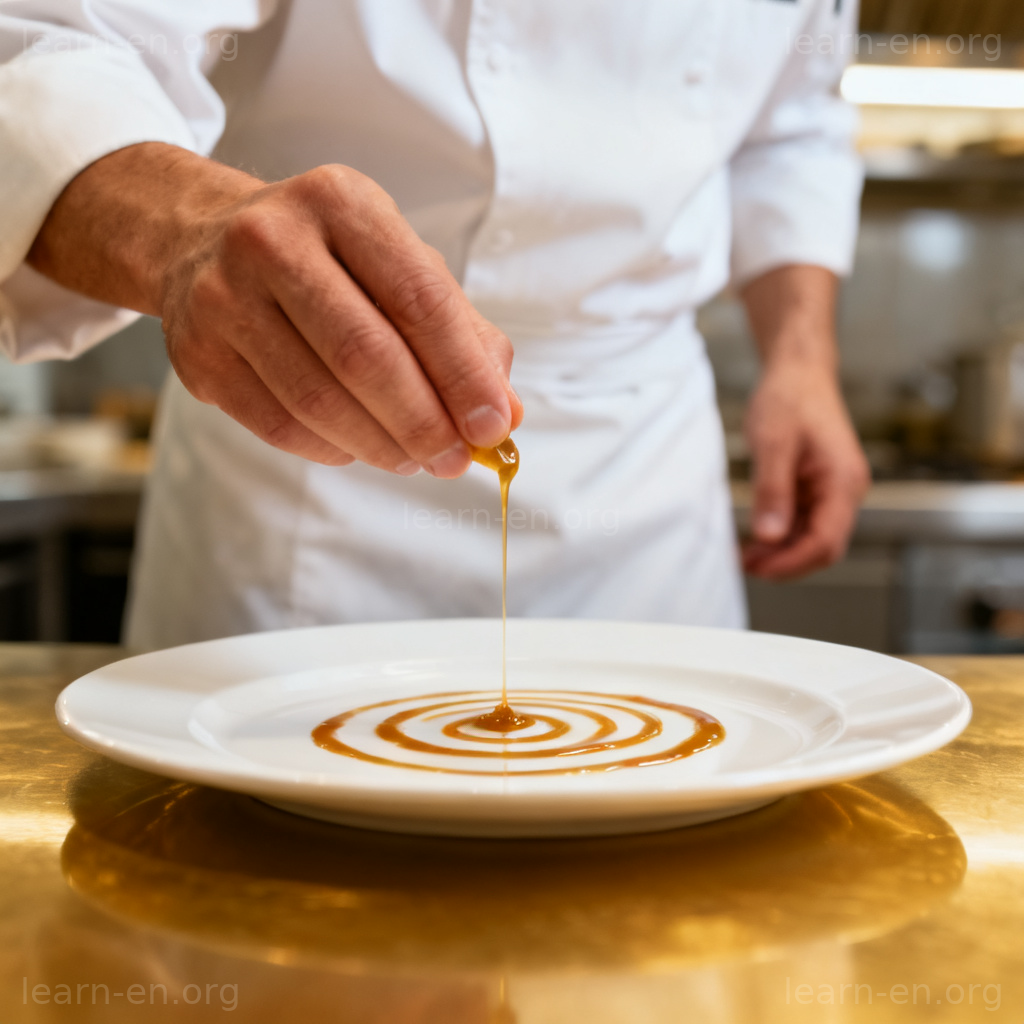Deliberate slow and careful movement illustrated by a chef plating food precisely.