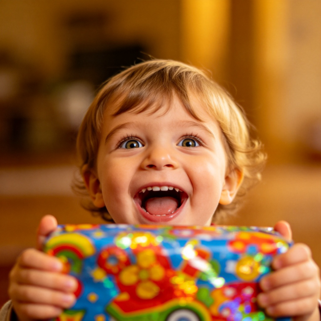 delight 愉悦含义图解：孩子收到礼物时灿烂的笑容