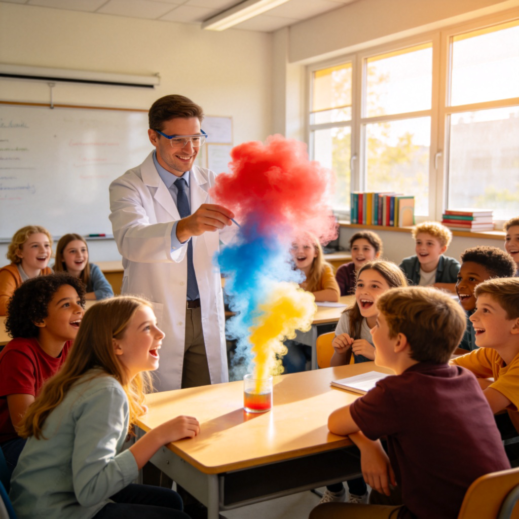 delight 使愉悦含义图解：老师用趣味实验让学生惊喜