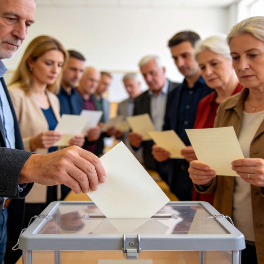 A diverse group of people, including men and women of different ages and ethnicities, standing inside a well-lit polling station. They are each holding a ballot paper and queuing in front of a voting booth. The focus is on their hands placing the paper into a ballot box. Realistic photography style, clear and bright. No text on the ballot or booth.