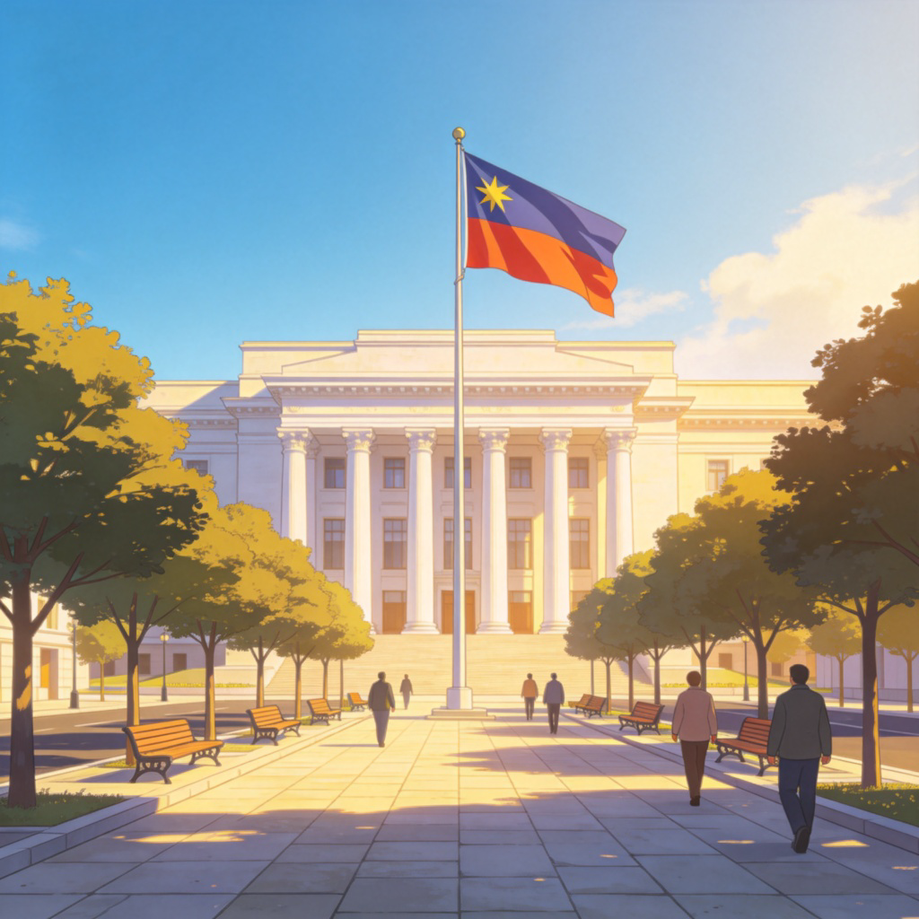 A symbolic, peaceful street scene in a capital city. Focus on a grand, official-looking government building with pillars in the background, and a national flag flying proudly on a flagpole in the foreground. Sunny day, blue sky. The scene is orderly and calm, representing a peaceful nation. Clean, realistic illustration style. No text or logos on the flag or building.