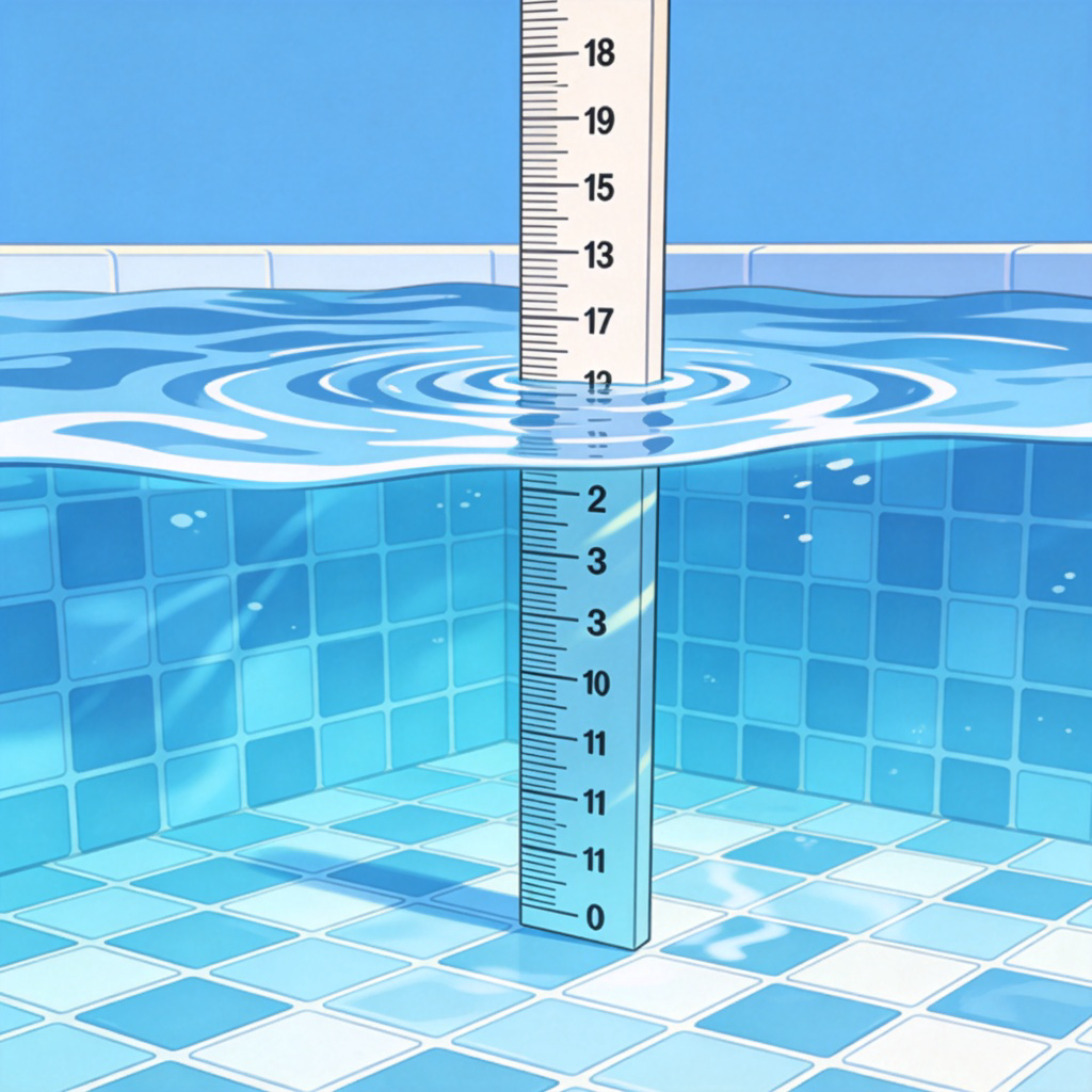 A clear side-view illustration of a swimming pool, showing the water surface and the tiled bottom. A vertical ruler is placed in the water, clearly marked with numbers to indicate the distance from top to bottom. Bright, realistic lighting, plain blue background. No text or logos.