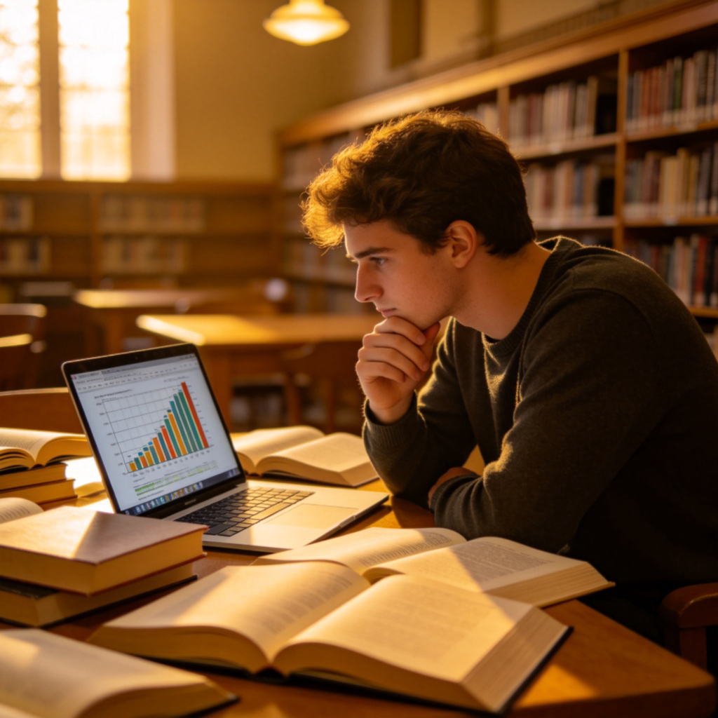 A student sitting at a library table, surrounded by multiple open books and a laptop showing a complex chart. The student is leaning forward, hand on chin, appearing deeply thoughtful. Warm, focused lighting on the student and study materials, blurry background. No text.