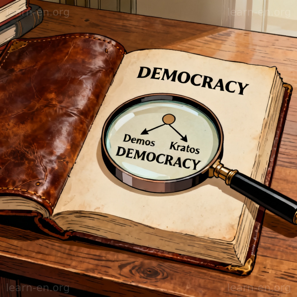 Diagram tracing the word democracy back to its Greek origins, explaining 'derive' as trace back to.