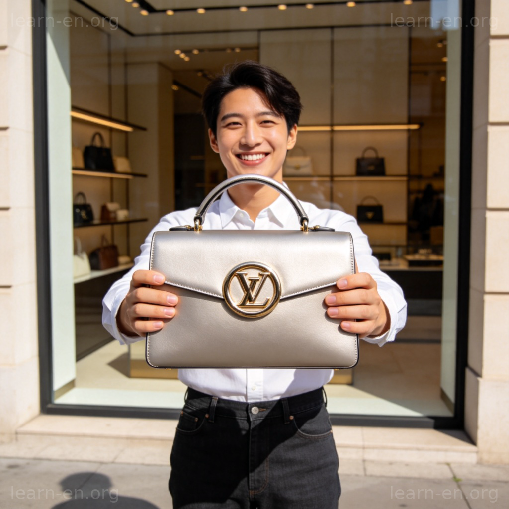 名牌设计师手袋展示图解：手持名牌包在精品店前的顾客