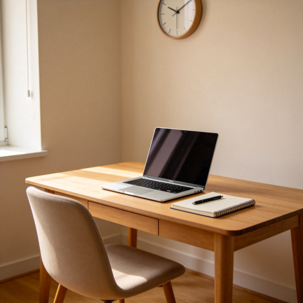 A simple wooden desk in a well-lit room, with a laptop open, a notebook, and a pen neatly placed on it. A comfortable chair is pulled back slightly as if someone just left. The background is a plain wall with a clock, creating a calm study atmosphere. No text or logos visible.