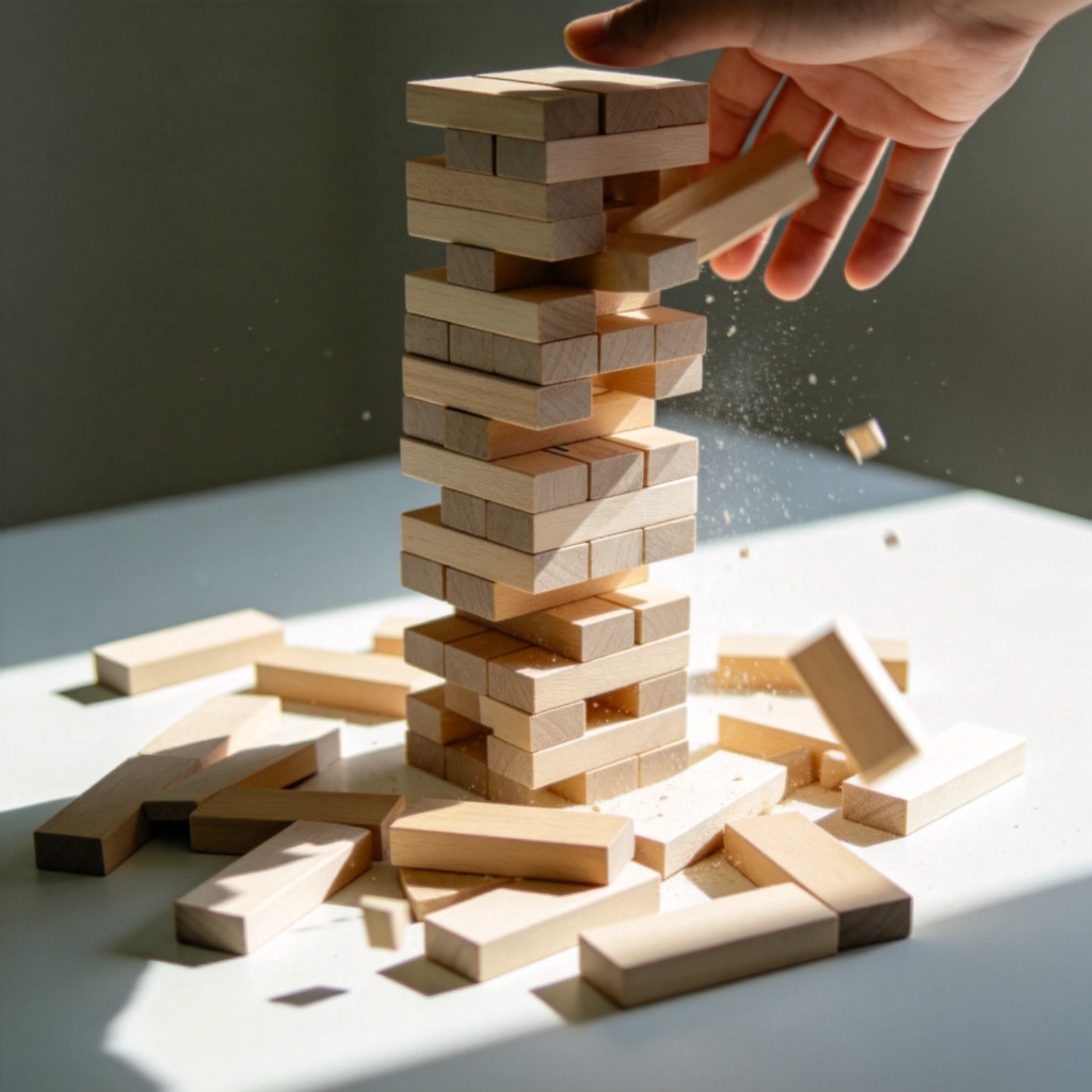 A clear, close-up photograph of a tower made of wooden blocks being knocked over by a hand. The blocks are scattered on a plain, light-colored table. The focus is on the moment of destruction and the disarray, with natural lighting. No text or logos.