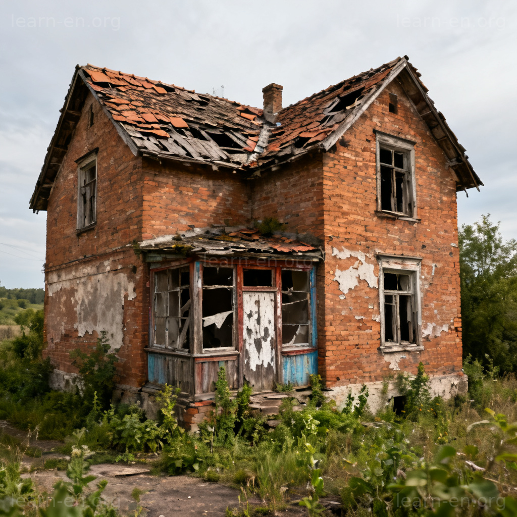 Deterioration of abandoned brick house with structural decay