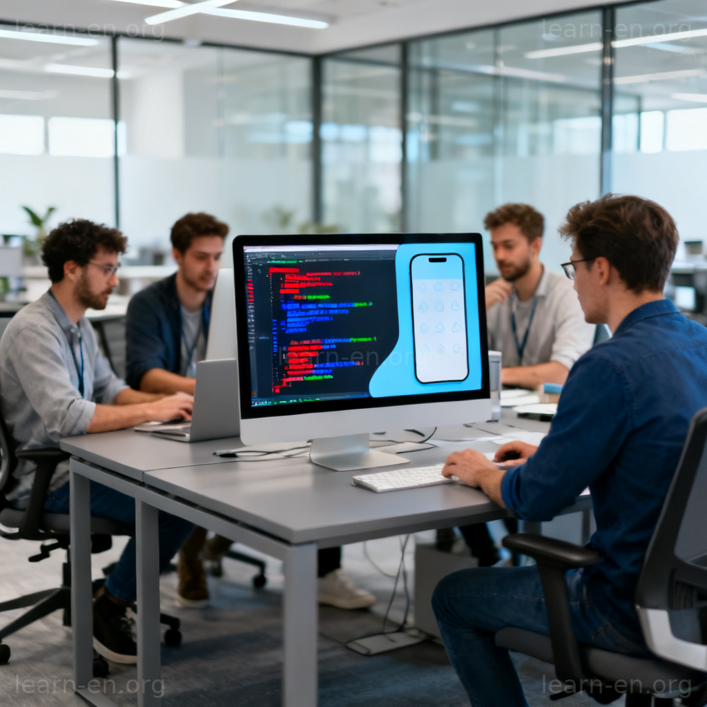Develop meaning create, with software developers coding a new app interface.