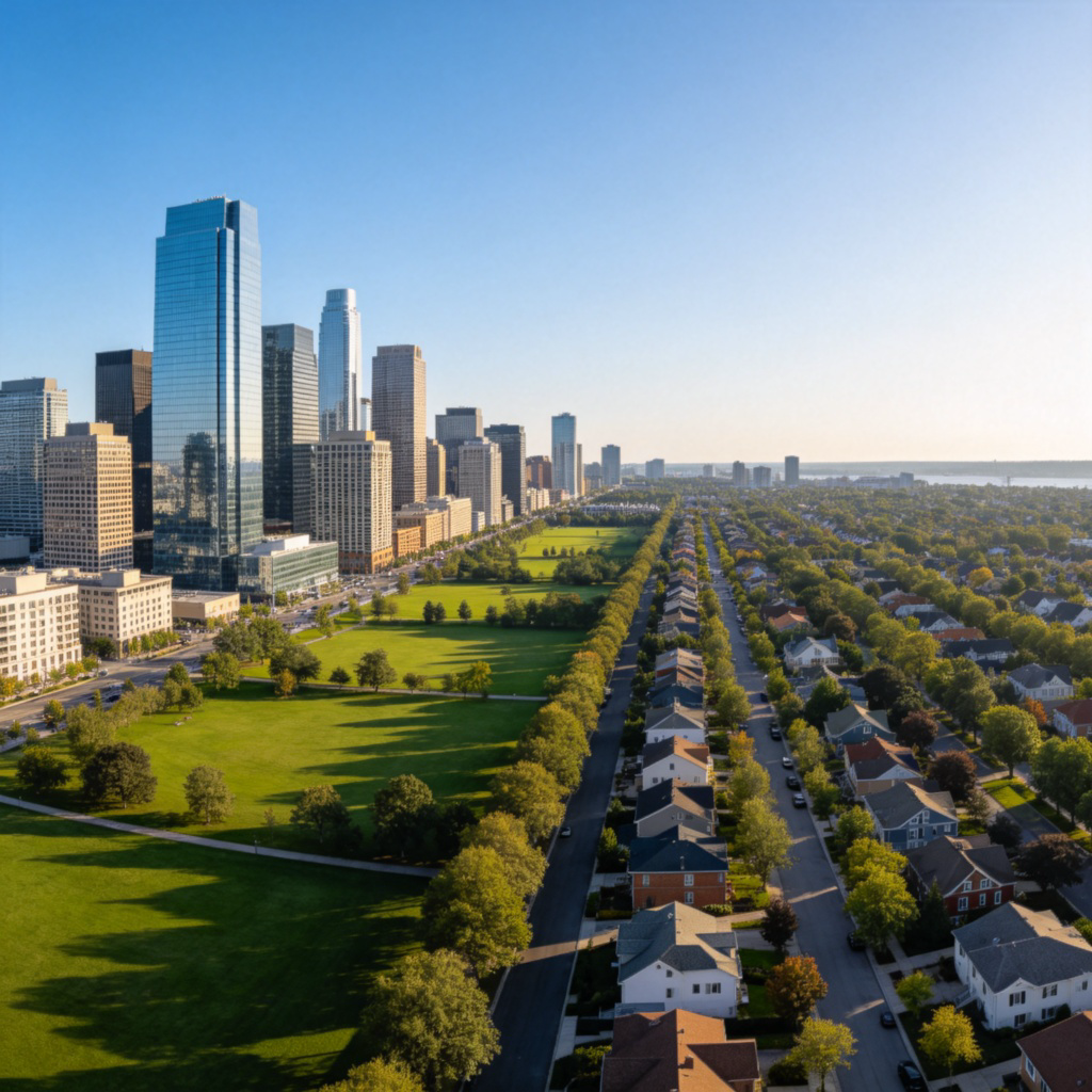 A wide-angle shot of a modern city skyline with tall buildings on one side, transitioning smoothly into a suburban area with parks and houses on the other side. Clean air, blue sky, showing balanced urban and community growth. Daylight, realistic style.