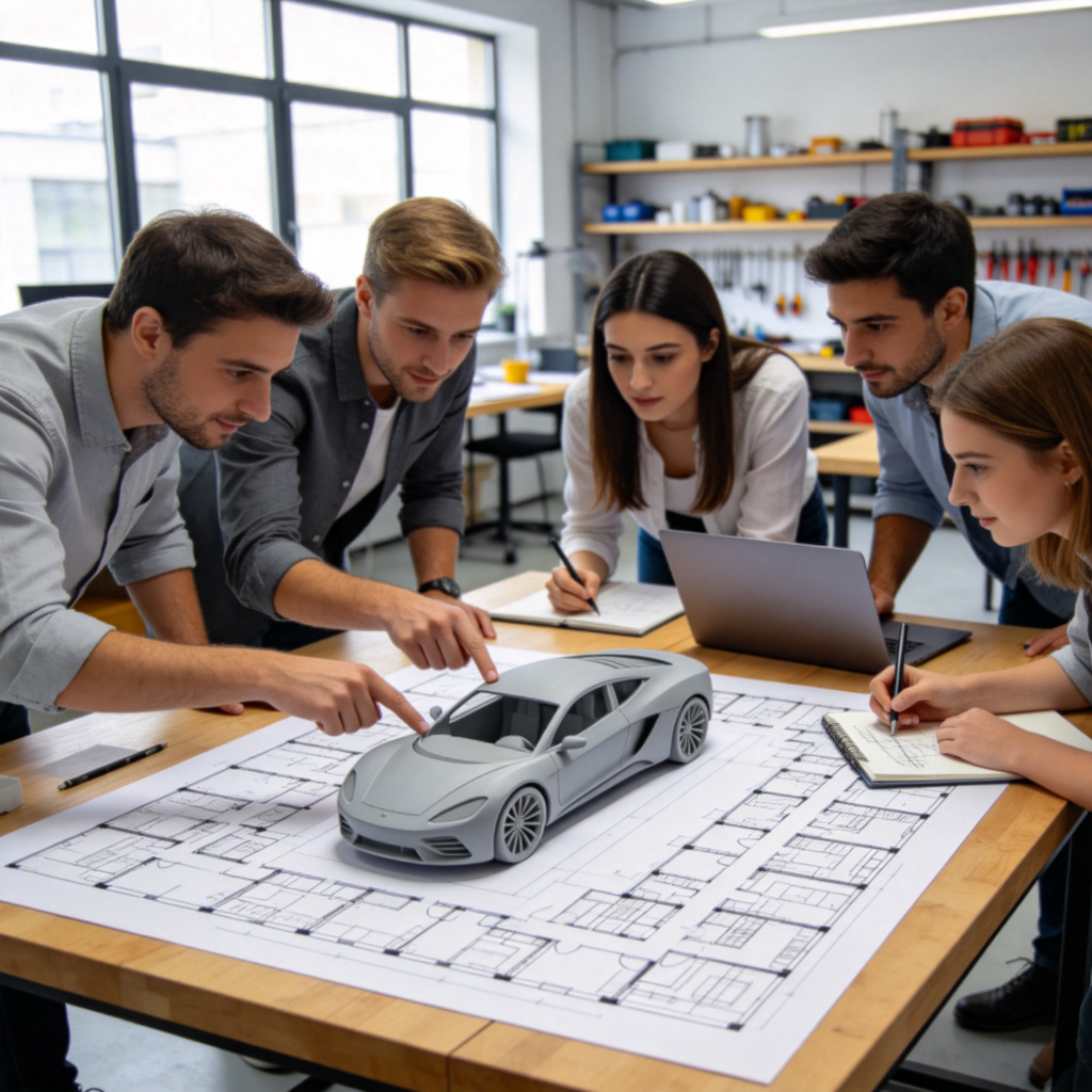 A small team of engineers or designers huddling around a table, looking at a 3D-printed prototype of a new device or a detailed architectural model. Modern, well-lit workshop or office environment. Collaborative and focused atmosphere.