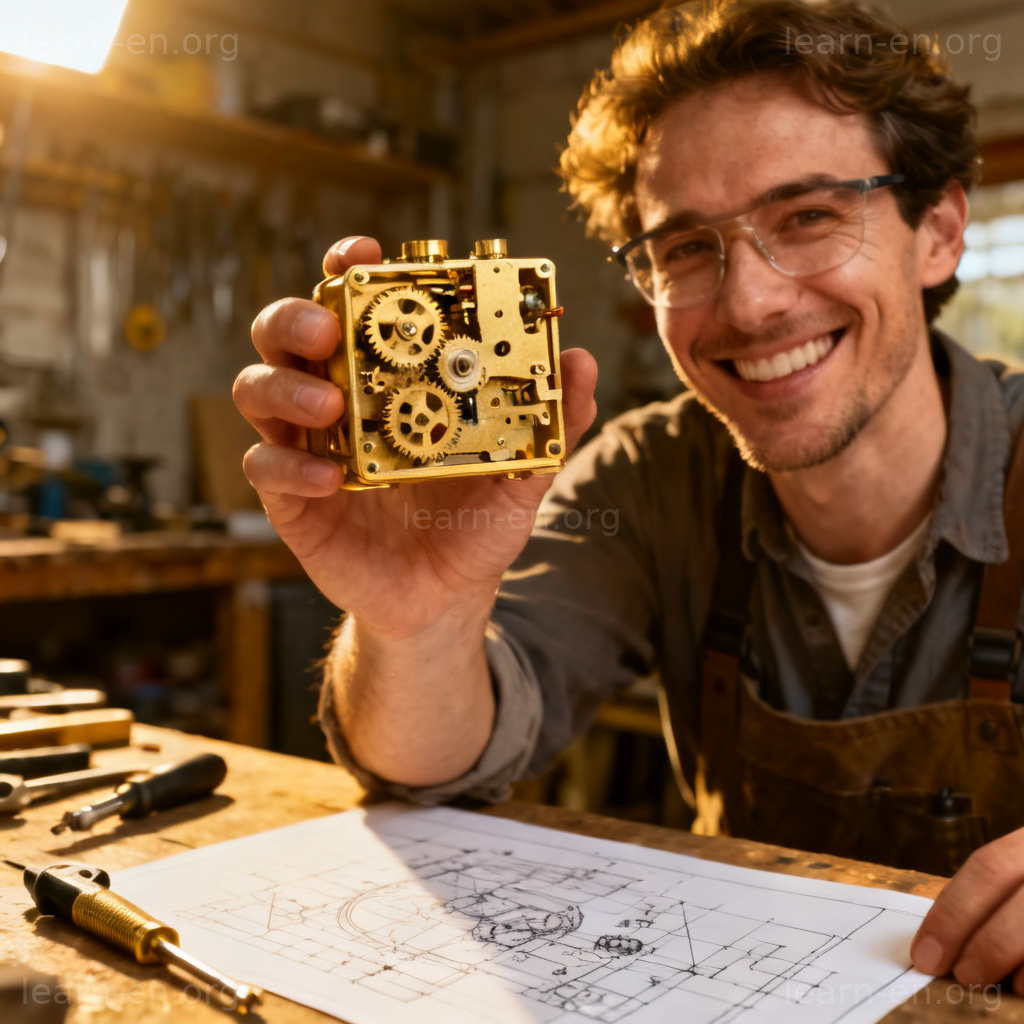 Devise an invention: inventor holding a newly created mechanical device.