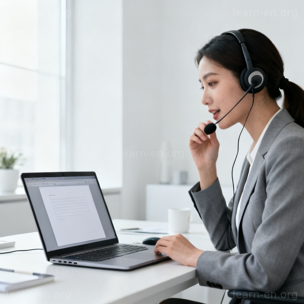 Professional dictation scene: woman speaking into a microphone to record verbal input for transcription.