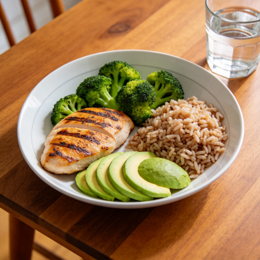 A top-down view of a colorful and balanced meal on a wooden dining table. The plate contains grilled chicken breast, steamed broccoli, brown rice, and sliced avocado. A glass of water is beside it. The setting is a bright, clean home kitchen. Photorealistic style, vibrant colors, natural light. No people or text in the image.