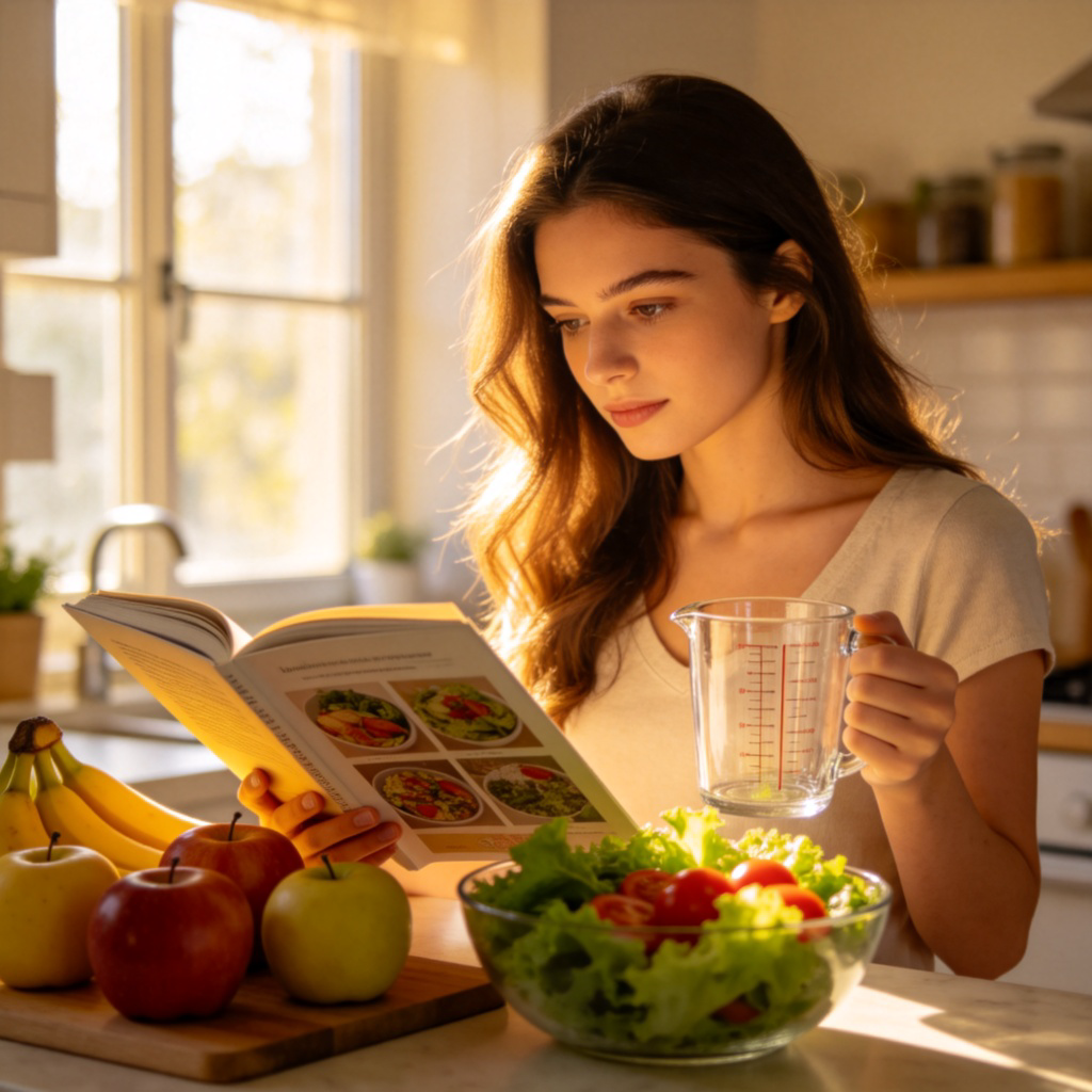 A young woman stands in a bright kitchen, looking thoughtfully at a healthy recipe book. On the counter next to her are fresh fruits like apples and bananas, and a bowl of green salad. She is holding a measuring cup. The focus is on her and the healthy food choices, not on deprivation. Photorealistic, warm and encouraging atmosphere. No text.