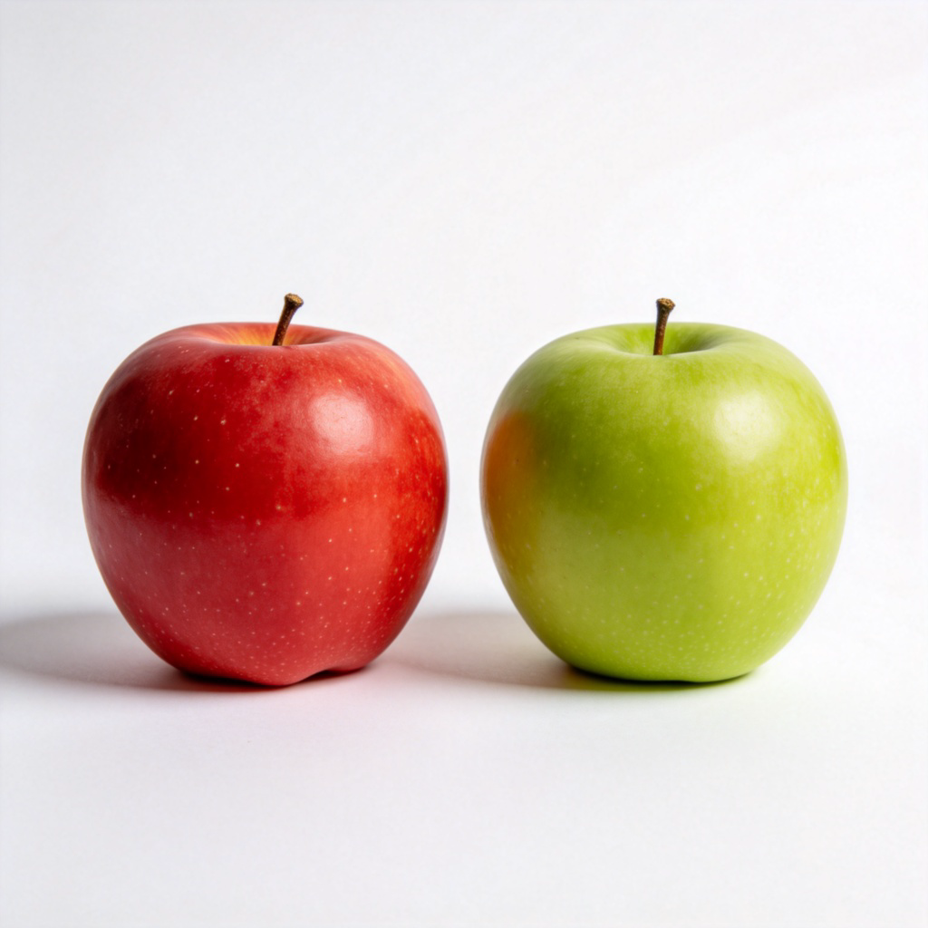 Side-by-side comparison of two fruits, like a red apple and a green apple, on a plain white table. The fruits are identical in shape but clearly different in color. The lighting is even and bright, focusing attention on the contrast. No text or labels.