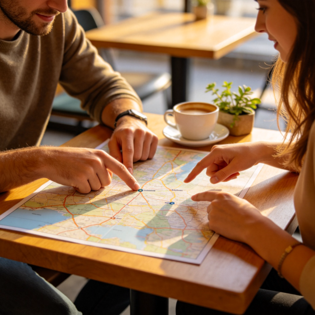 Two people, a man and a woman, sitting at a cafe table, looking at a map spread out between them. Their body language suggests a discussion, one pointing to one location on the map, the other gesturing towards a different spot. Warm, natural lighting. No text.