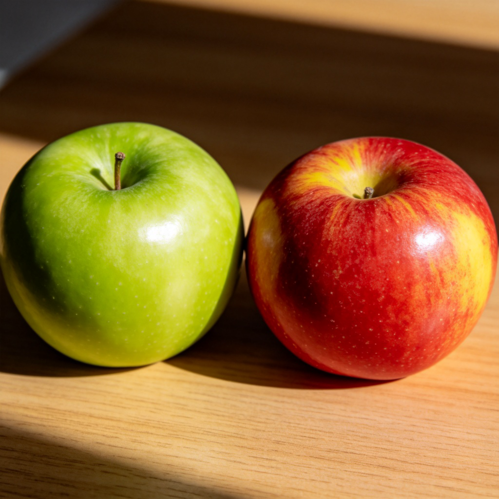 A clear close-up photo of two fruits side by side, like a green apple and a red apple, on a simple wooden table. The contrast in color and texture between them is very obvious and sharp. Natural lighting, no text or logos.