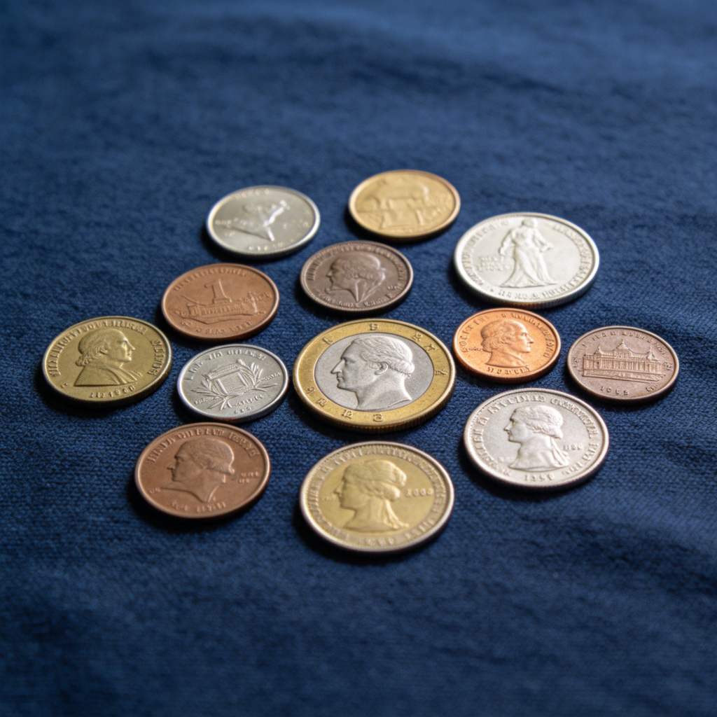 A flat-lay photograph of a collection of 10-15 different coins from various countries, spread out on a dark blue cloth. The coins are of different sizes, colors, and have unique engravings. The focus is on their variety. Clean, well-lit composition with no text.