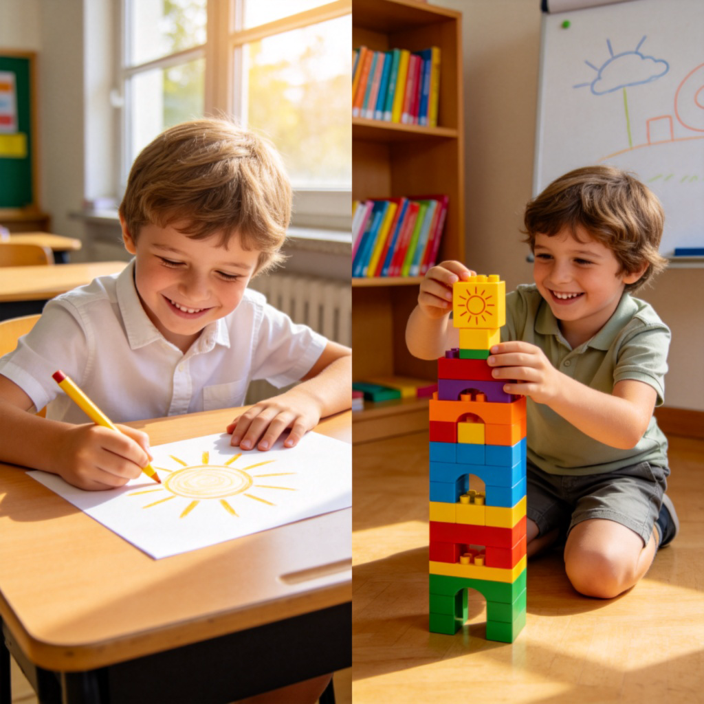 A side-by-side comparison of two children making the same task. On the left, a child is drawing a sun on paper with a yellow crayon. On the right, another child is using building blocks to construct a 3D tower with a yellow block on top representing the sun. They are both smiling, showing different creative approaches. Bright, clear lighting in a classroom setting.