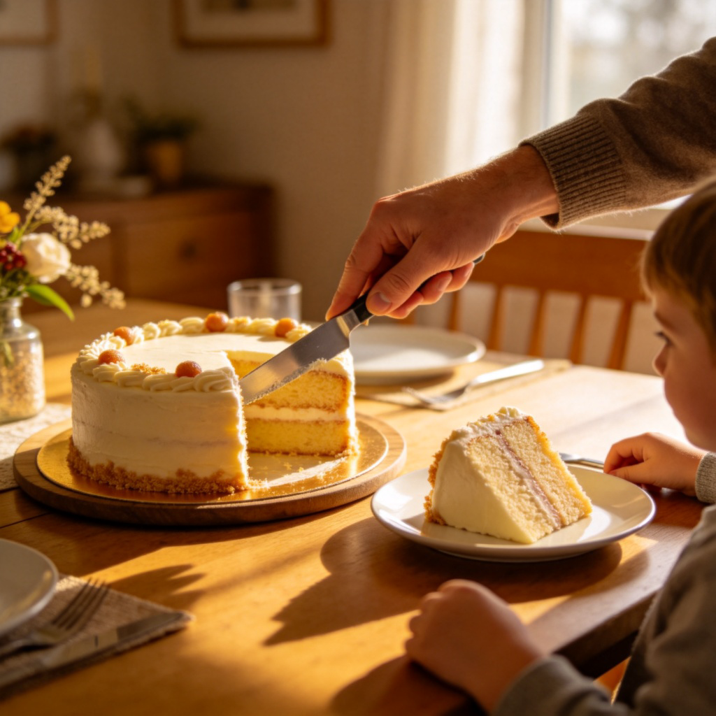 A close-up of a parent's hands cutting a birthday cake. One slice is larger for an older child, and another smaller slice is for a younger child. The scene shows fair but age-appropriate treatment. The background is a cozy home dining table with simple decorations. Soft, warm lighting focuses on the hands and cake.