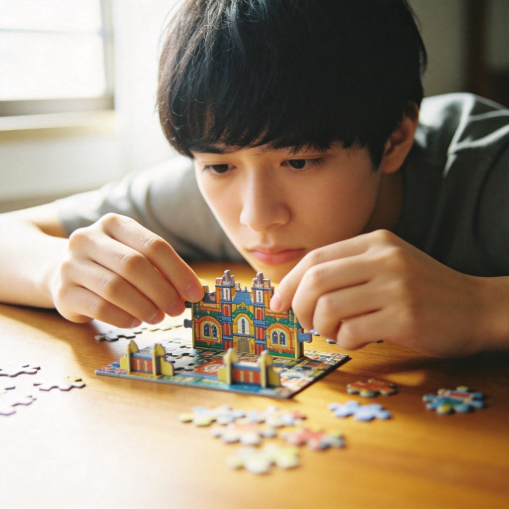 A close-up shot of a person's hands trying to solve a complex 3D puzzle or a tangled knot, with a focused and slightly frustrated expression. The puzzle pieces are colorful and detailed, lying on a wooden table. Natural daylight from a window, sharp focus on the hands and puzzle. No text or logos.