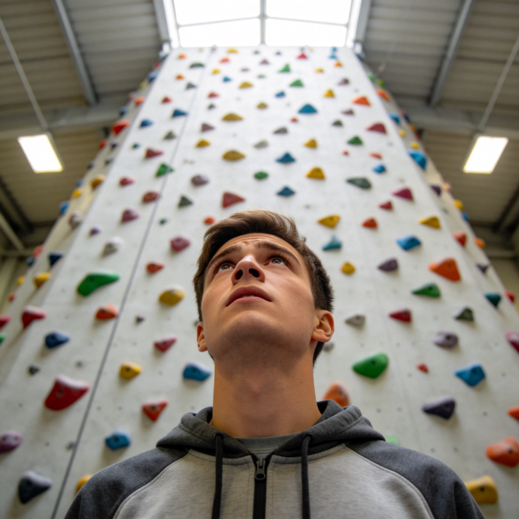 A person looking up at a tall indoor climbing wall with many colorful holds, showing a worried or thoughtful expression. The wall looks challenging. The person is wearing casual sportswear, standing at the base. Clean, well-lit climbing gym setting. Focus on the person's face and the imposing wall. No text.