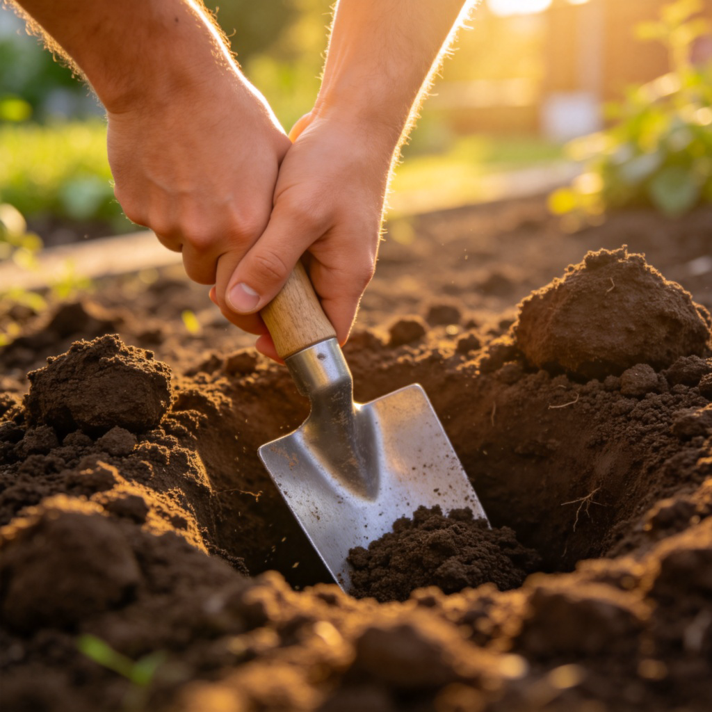 dig 挖掘含义图解：手持园艺铲在花园松软土壤中挖坑