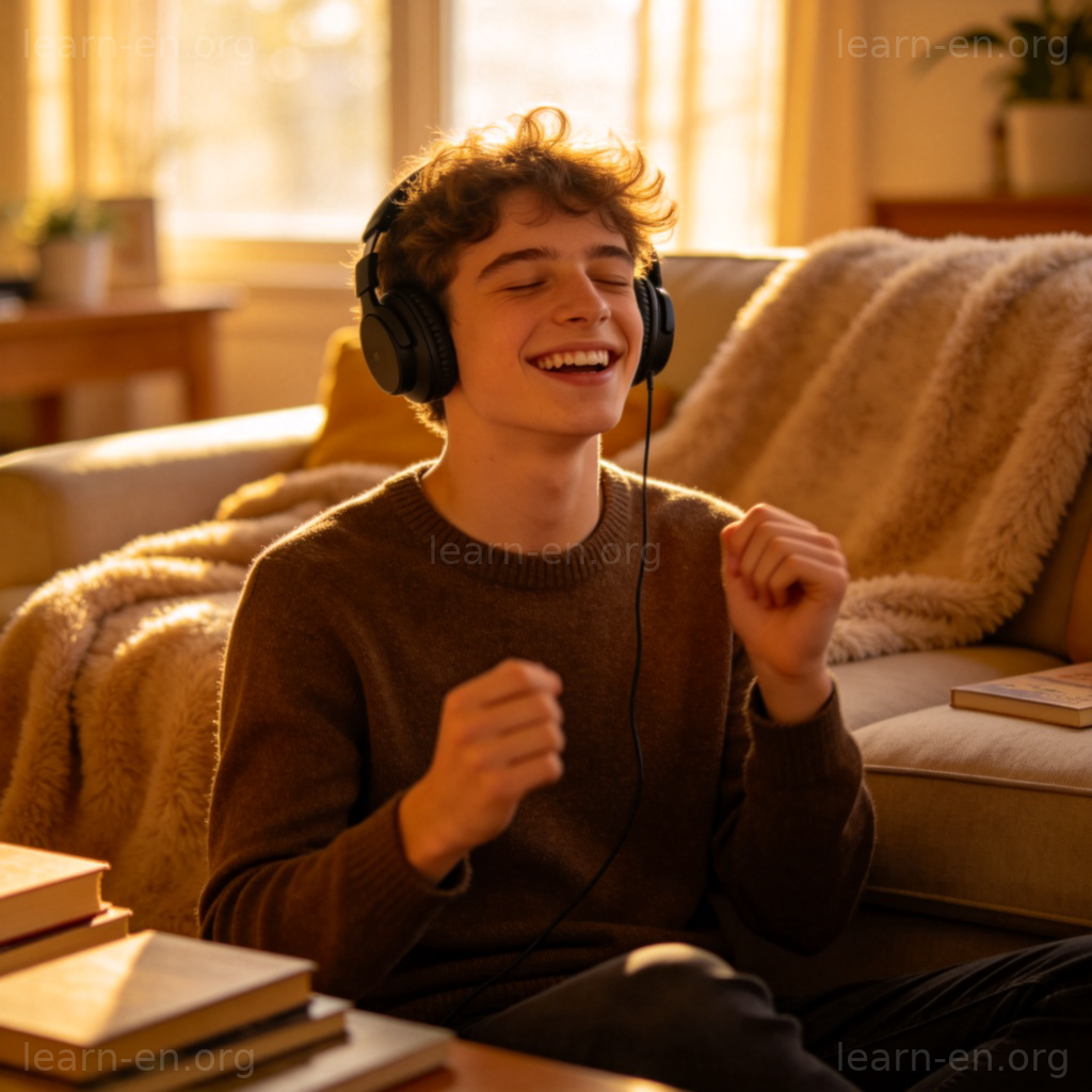 dig 喜欢含义图解：年轻人戴耳机沉浸在音乐中享受微笑