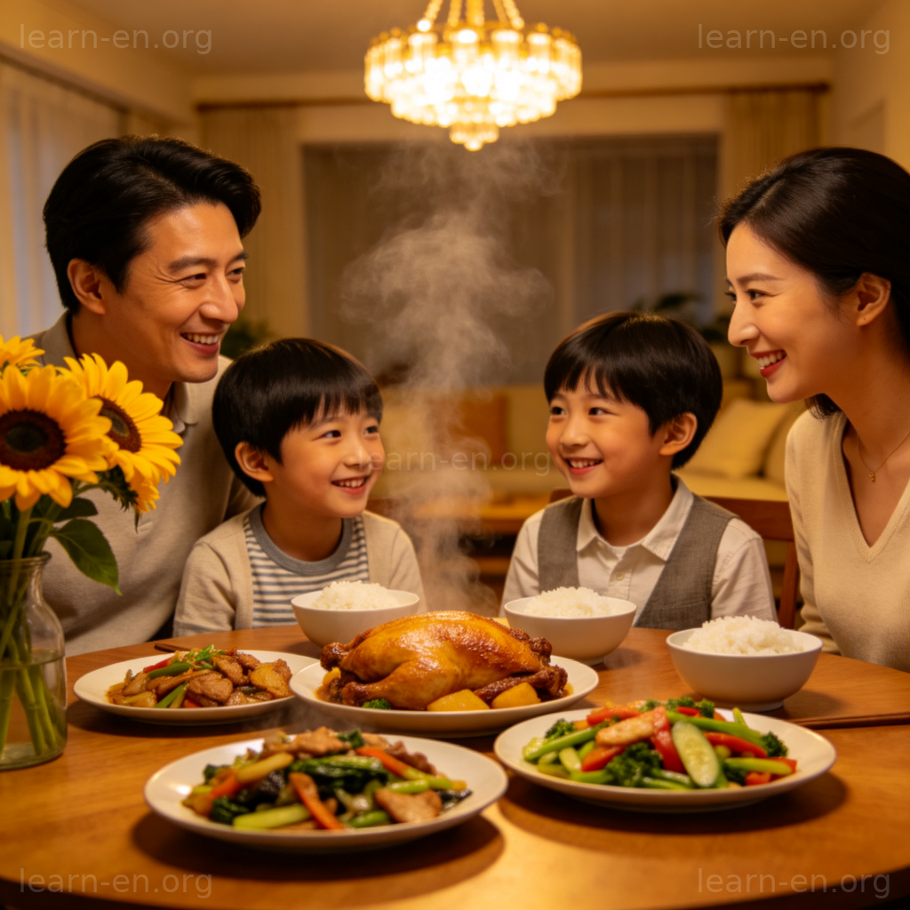 Family dining table with plates and smiling people