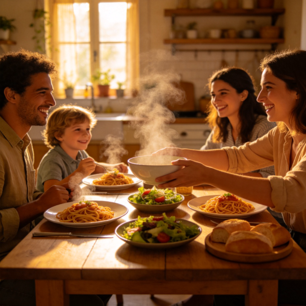 A happy family of diverse ages sitting around a wooden dining table in a cozy, warmly lit kitchen. The table is set with plates of steaming food like pasta, salad, and bread. They are smiling and talking, with one person passing a bowl. The focus is on the shared meal and the family interaction. No text.