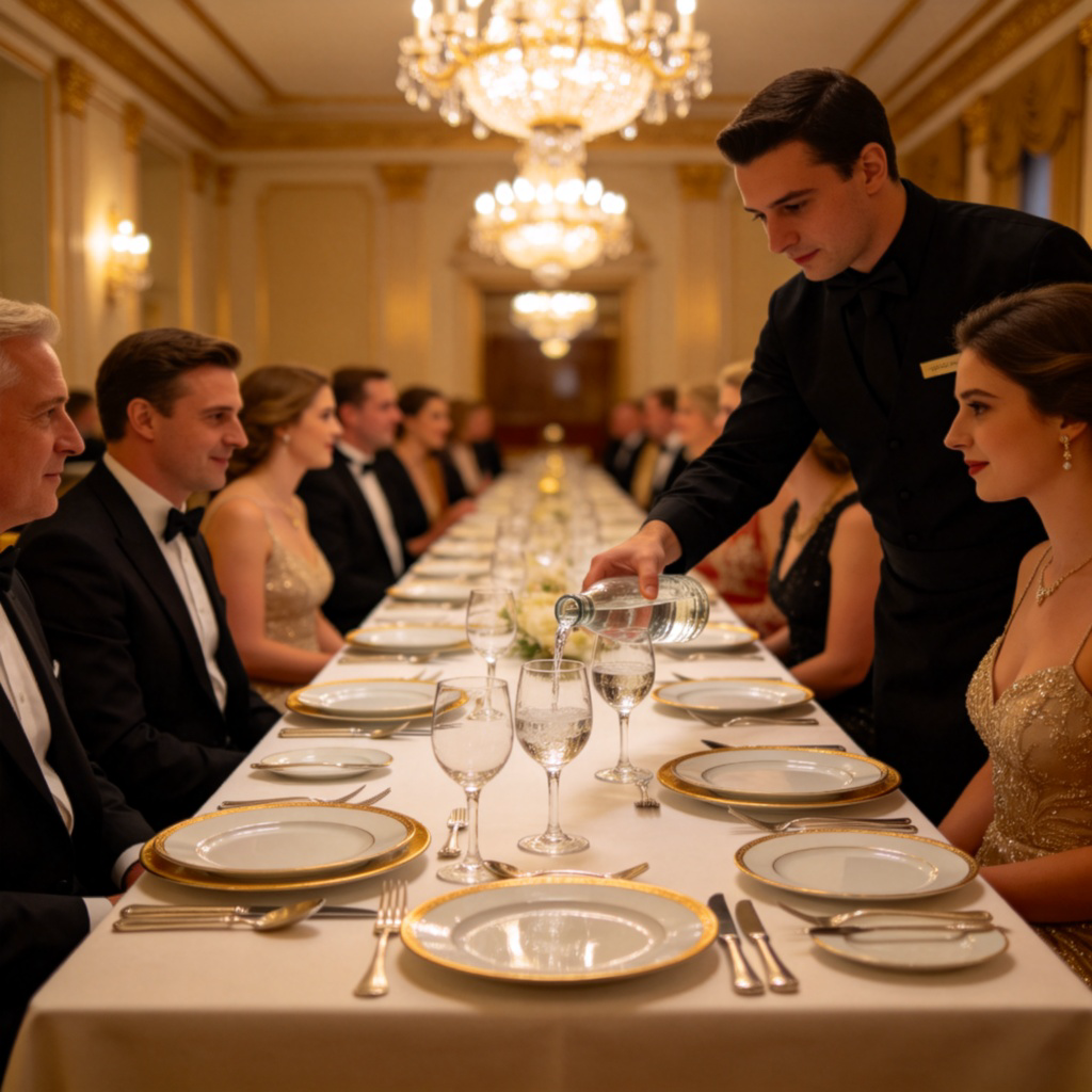 An elegant, formal restaurant setting. A long table is beautifully set with fine china, crystal glasses, and silverware under soft chandelier light. Well-dressed people are engaged in polite conversation. A server in a uniform is discretely pouring water. The atmosphere is sophisticated and celebratory. No text.