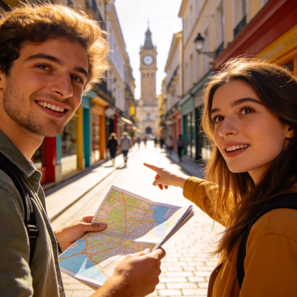 A friendly tourist holding a map, pointing with one finger down a sunny street towards a visible landmark in the distance. Another person is looking at the direction being pointed. The scene is clear, bright, and focused on the act of giving directions.