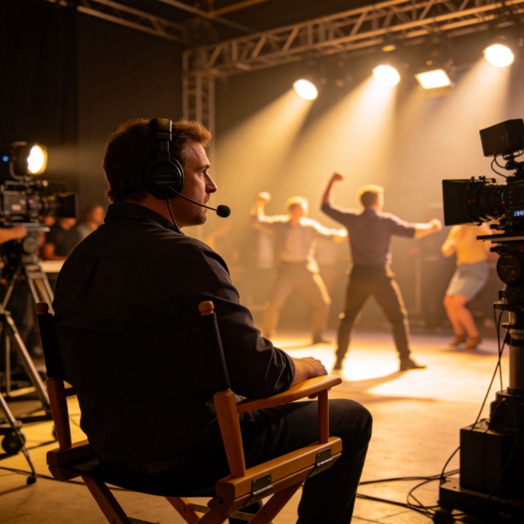 A film director sitting in a director's chair on a movie set, wearing a headset and speaking into a microphone. In front of them, actors are performing under bright lights. The focus is on the director's role of guiding the production.