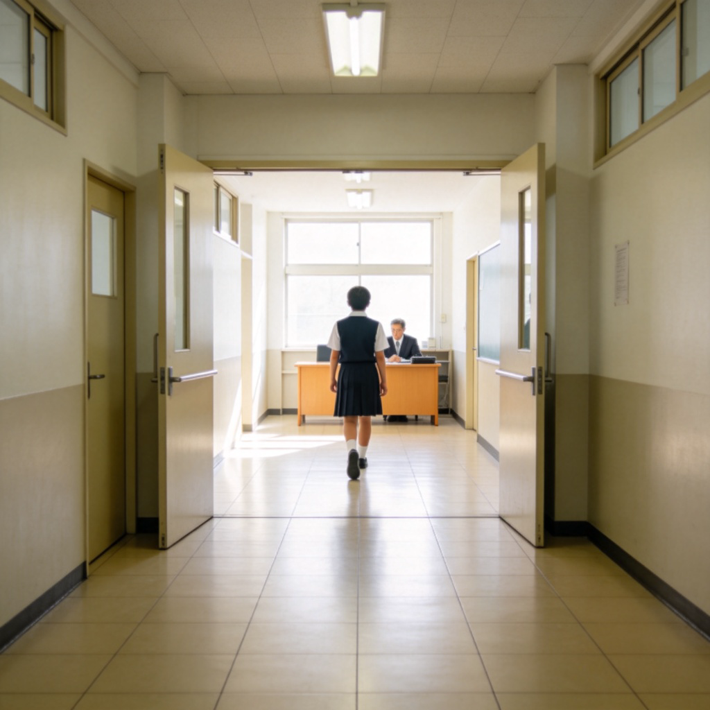 A student in a school hallway, walking in a straight line from the classroom door directly towards the teacher's desk at the front. The path is clear, no obstacles. Third-person perspective, bright and clear school environment.
