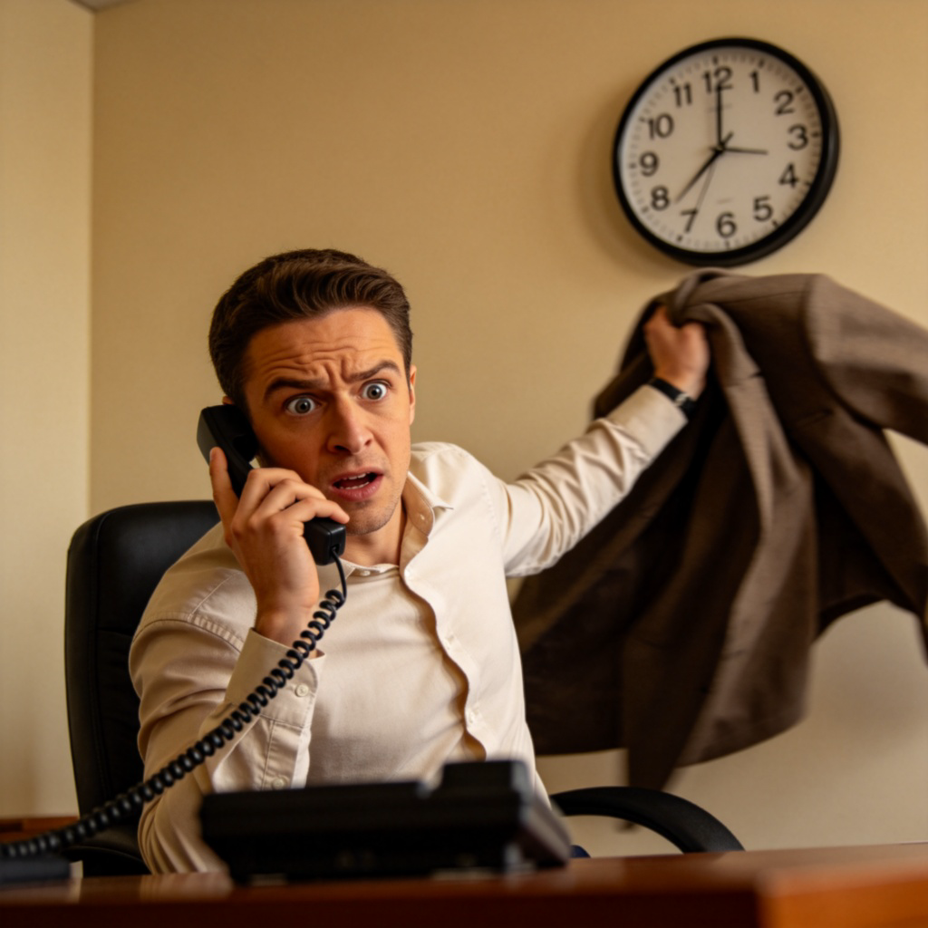 A person receives a phone call, their expression shows urgency. They hang up the phone and immediately stand up from the chair, grabbing their coat in one smooth motion, as if to leave right away. Indoor setting with a clock on the wall showing the time.