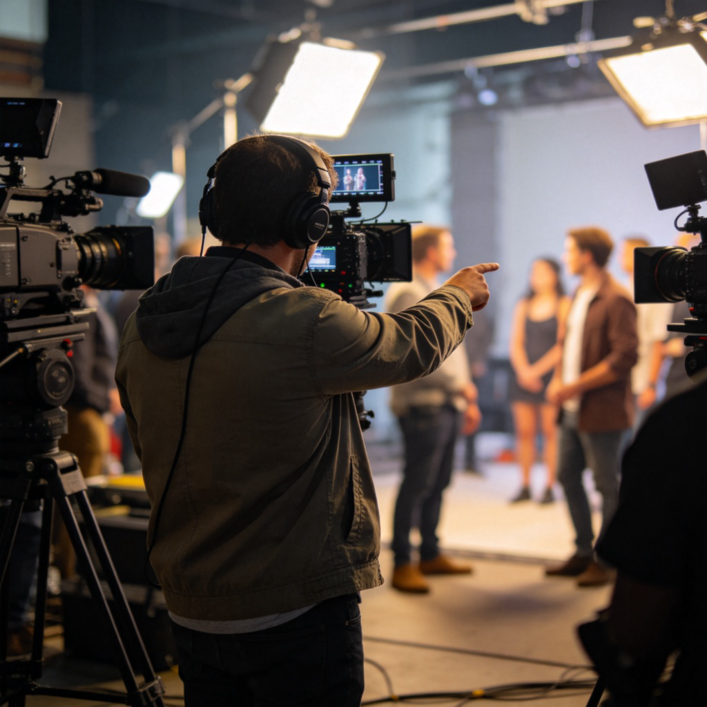 A person wearing a casual jacket and a headset, standing on a busy movie set surrounded by cameras and lighting equipment. They are looking through a camera viewfinder and pointing towards actors on a set. Realistic photography, shallow depth of field focusing on the director, dynamic action shot with natural lighting. No text.