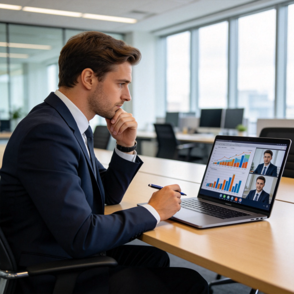 A professional adult sitting at a large desk in a modern office, looking at a laptop screen displaying charts and graphs. They are wearing business attire and holding a pen, engaged in a video conference call on the screen. Clean, well-lit office background, realistic style, focus on the person's thoughtful expression. No text.