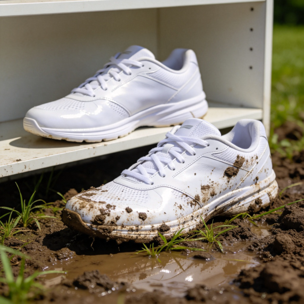 A pair of brand new white sports shoes, one is clean and shiny on a shelf, the other is beside it, covered in fresh mud and grass stains, lying on wet soil. Close-up shot, clear contrast between clean and dirty. Bright, natural lighting. No people, no text.