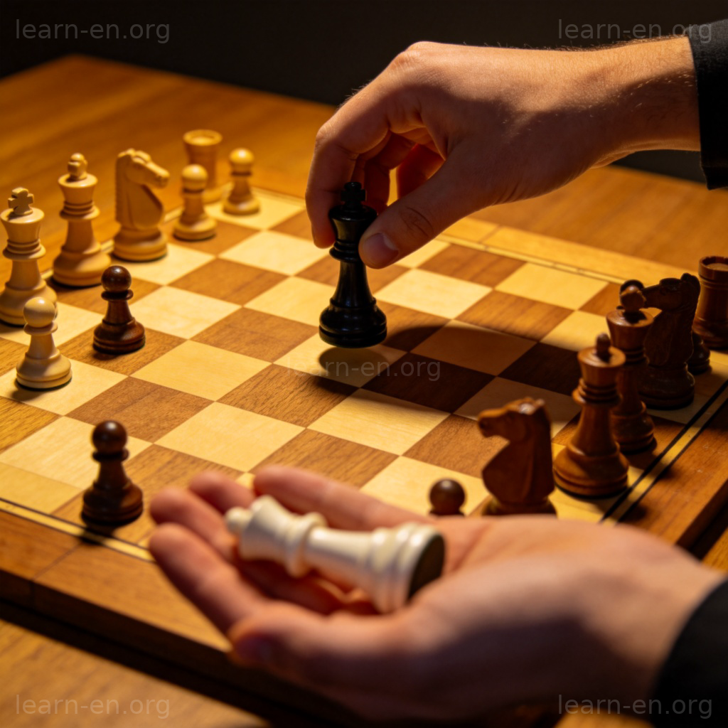 A close-up shot of two hands on a chessboard. One hand is moving a black chess piece openly. The other hand, slightly out of focus in the foreground, is secretly palming a white chess piece, suggesting cheating. The background is a simple wooden table. Dramatic lighting highlights the secret action. No text, no faces visible.