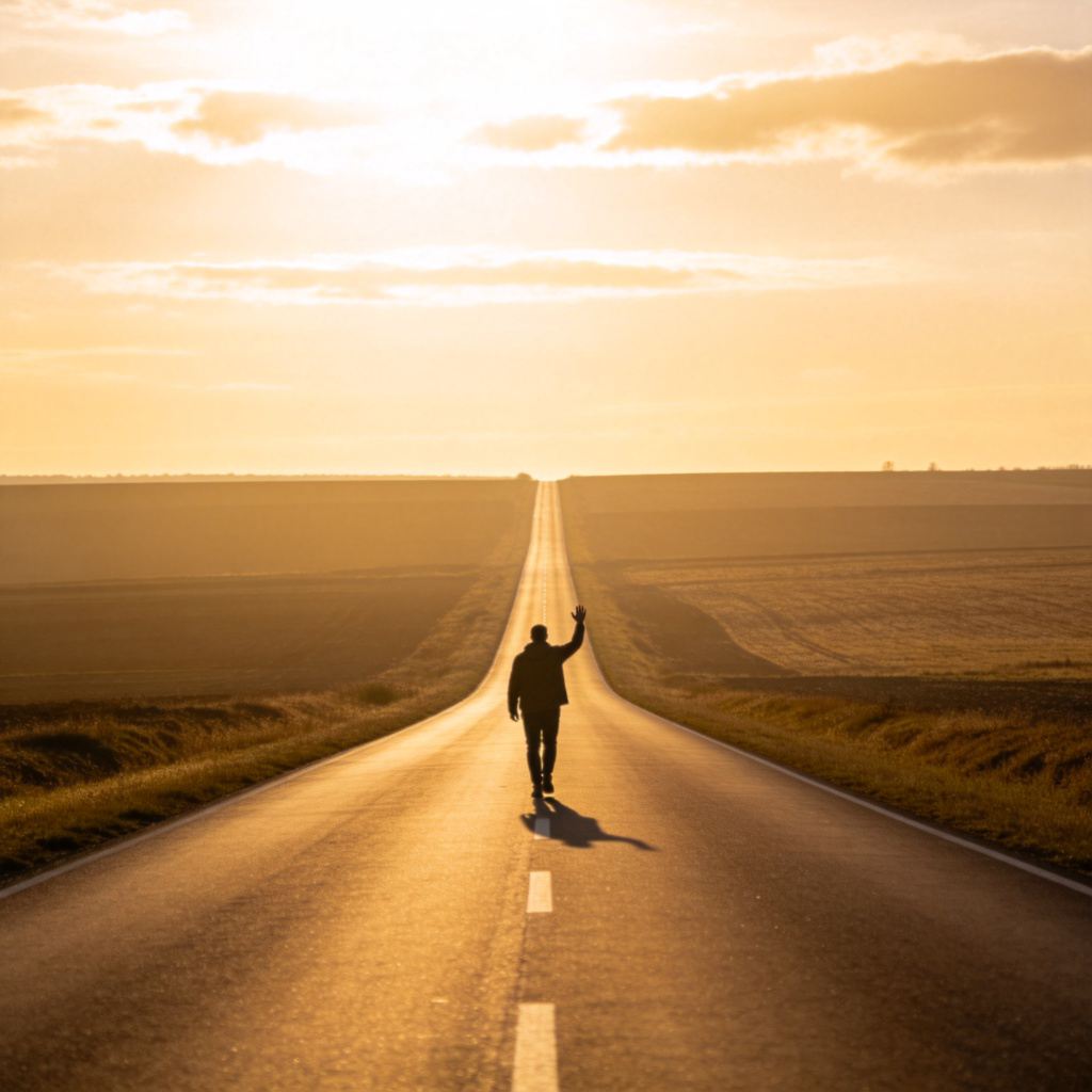 A person waving goodbye and walking away down a long, straight road, their back growing smaller and fainter until they blend into the distance. Sunny day, simple road and sky background. No text.