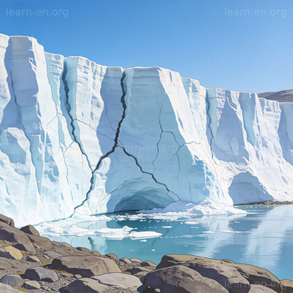 A time-lapse sequence showing a glacier melting away over time, leaving behind bare rock. The final frame shows only the rocky landscape under a clear sky. Realistic illustration style. No text.