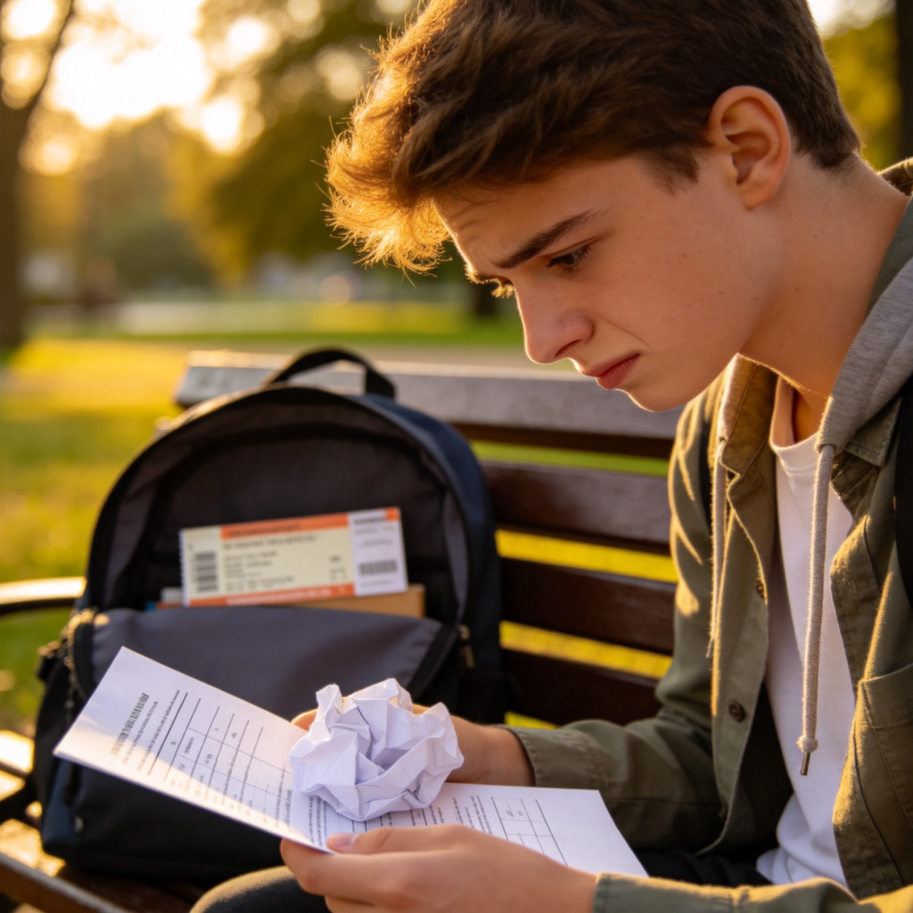 A close-up side view of a young student, sitting on a park bench, looking down at a crumpled exam paper with a sad expression. Soft afternoon light. In the background, a backpack is open, and a concert ticket is visible inside, untouched. The focus is on the student's disappointed face and the exam paper. No text.