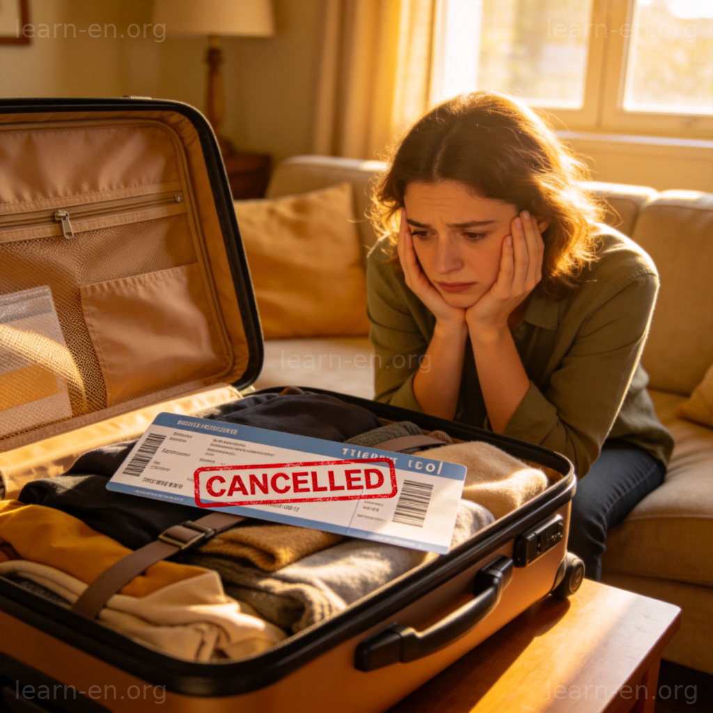 A person looking sadly at a packed suitcase with a big red 'CANCELLED' stamp on a flight ticket lying on top of it. The scene is in a sunny living room, contrasting with the person's mood. The focus is on the suitcase, the ticket, and the person's expression of letdown. No text.