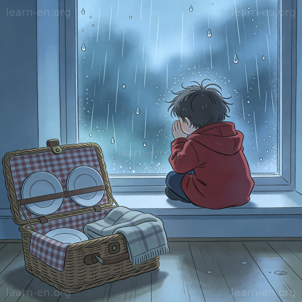 disappointed 图解：孩子因雨天野餐取消而望向窗外，表情失望
